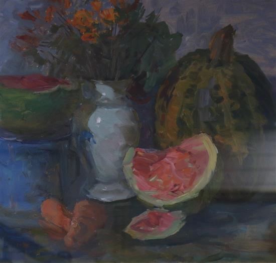 Russian school Still life melons and flowers 40 x 49cm
